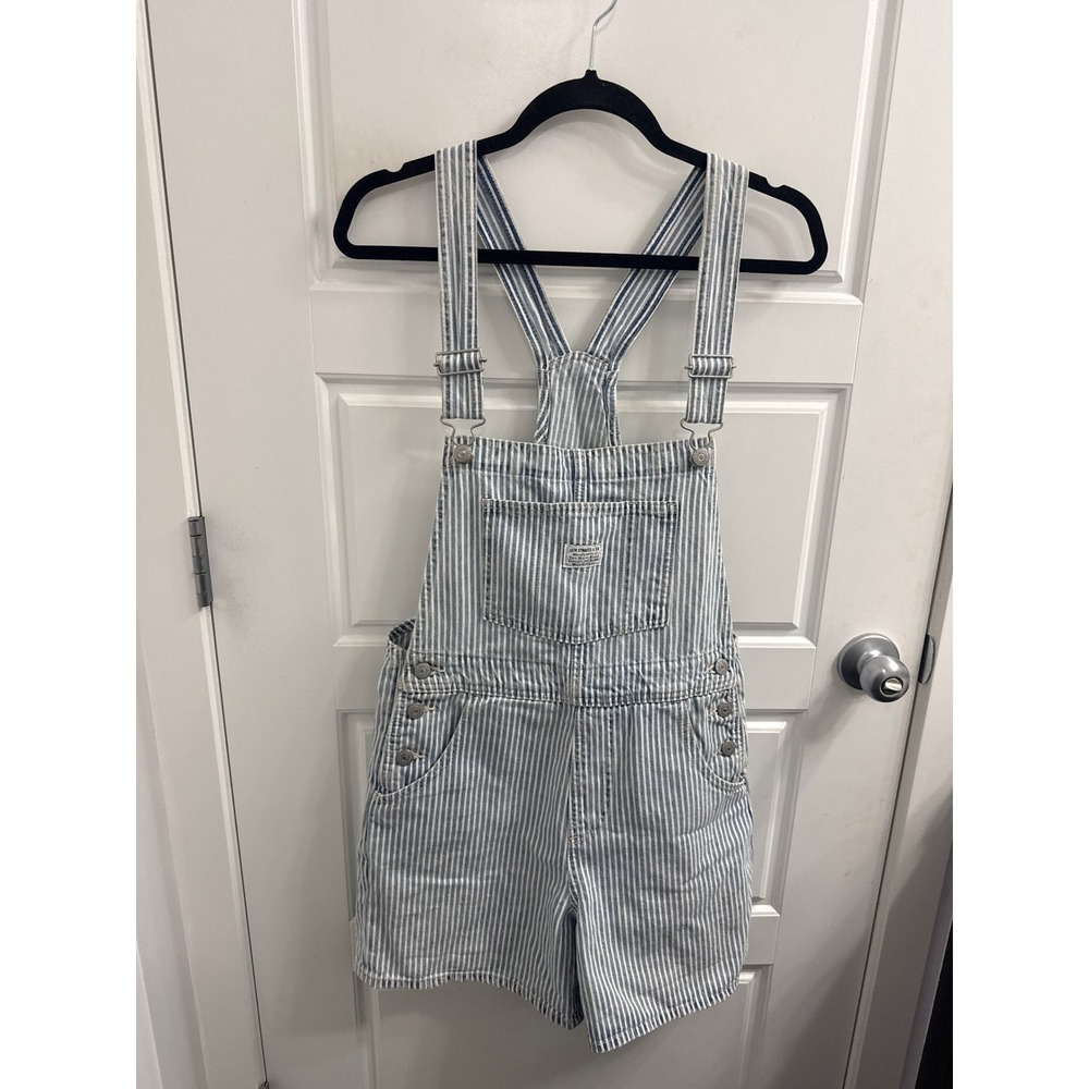 Levis Womens Hickory Stripe Denim Shortalls Blue White Bib Overalls Small
